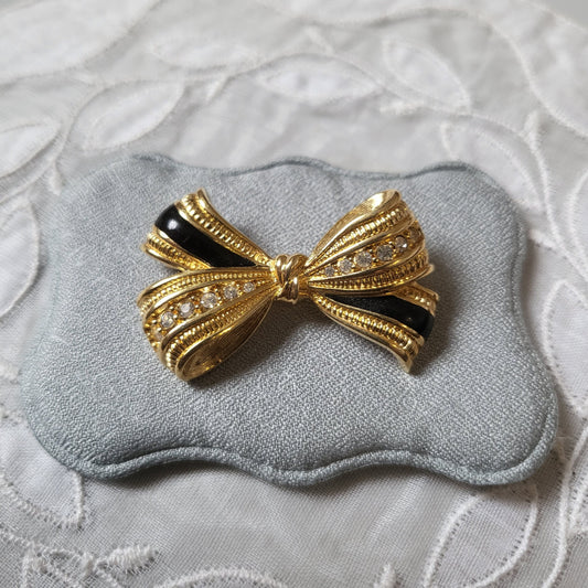 Brooch - Black Enamel and Crystals Bow Brooch