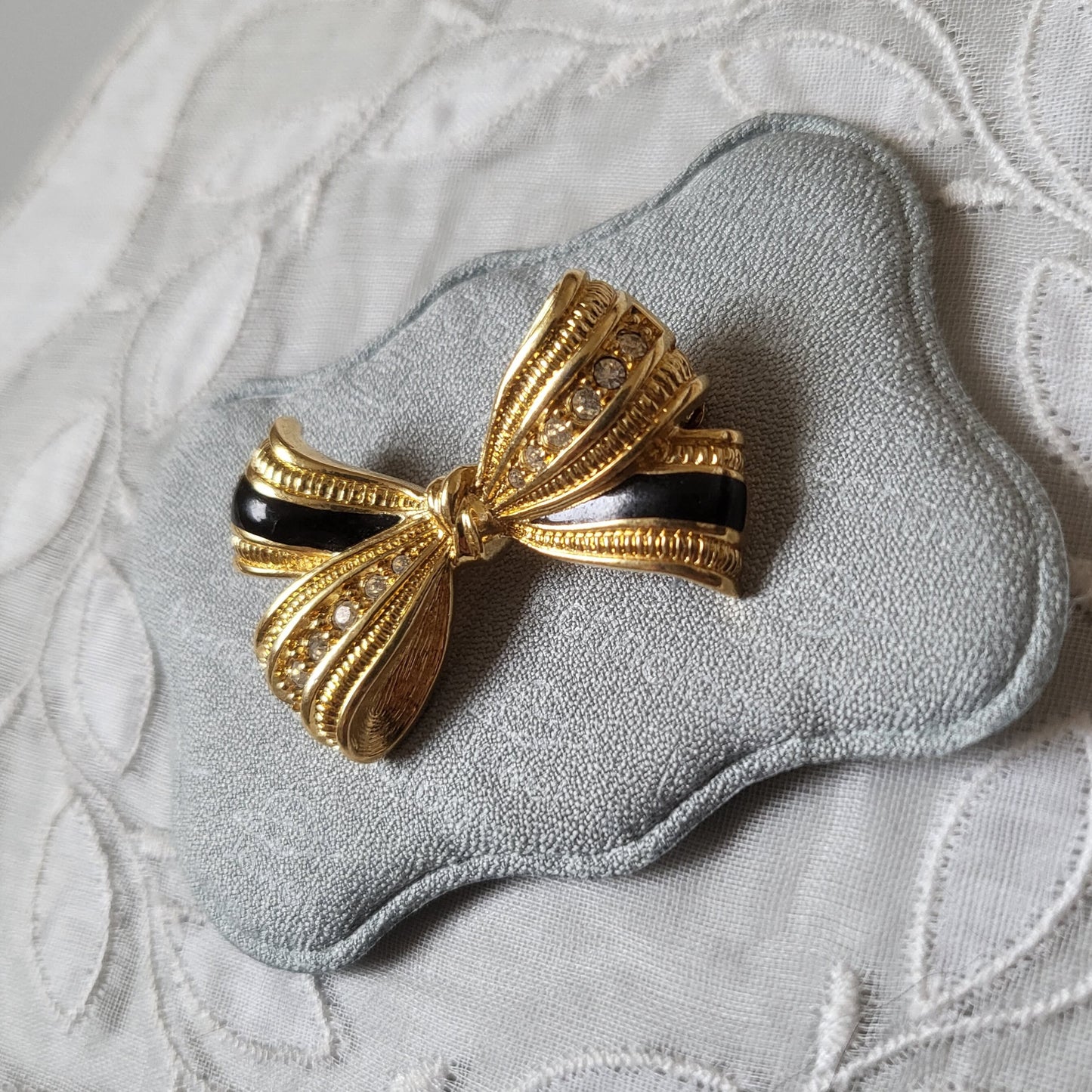 Brooch - Black Enamel and Crystals Bow Brooch