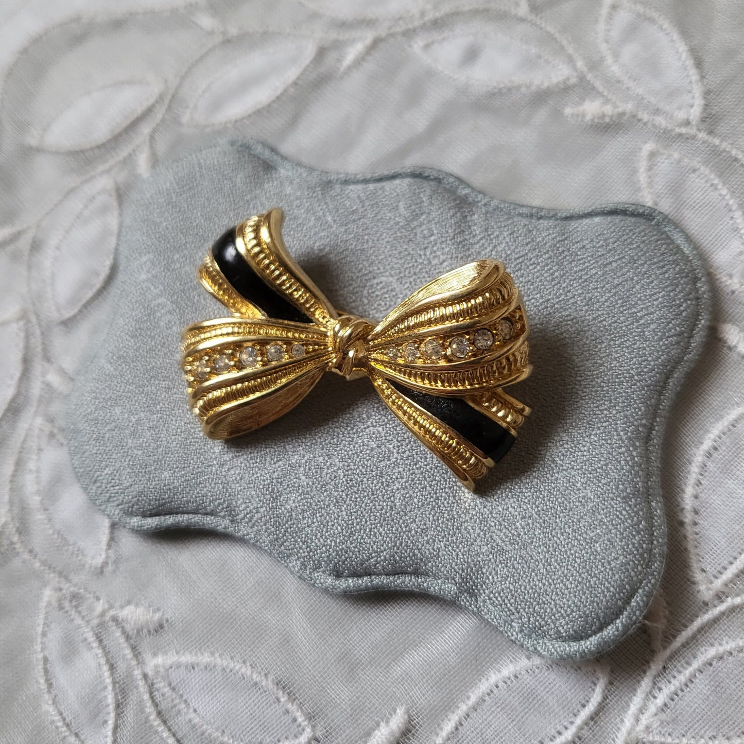 Brooch - Black Enamel and Crystals Bow Brooch