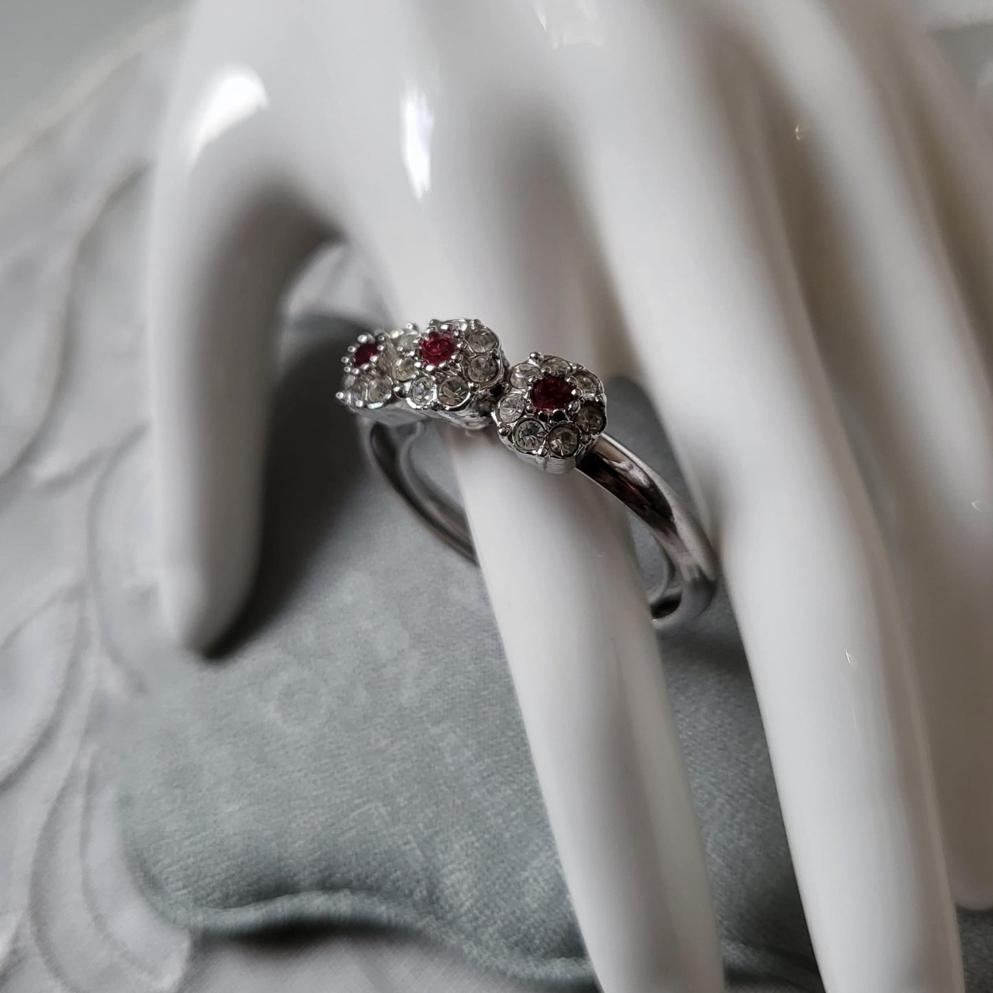 Ring - Red and Clear Crystals Flower Cluster Trilogy Ring