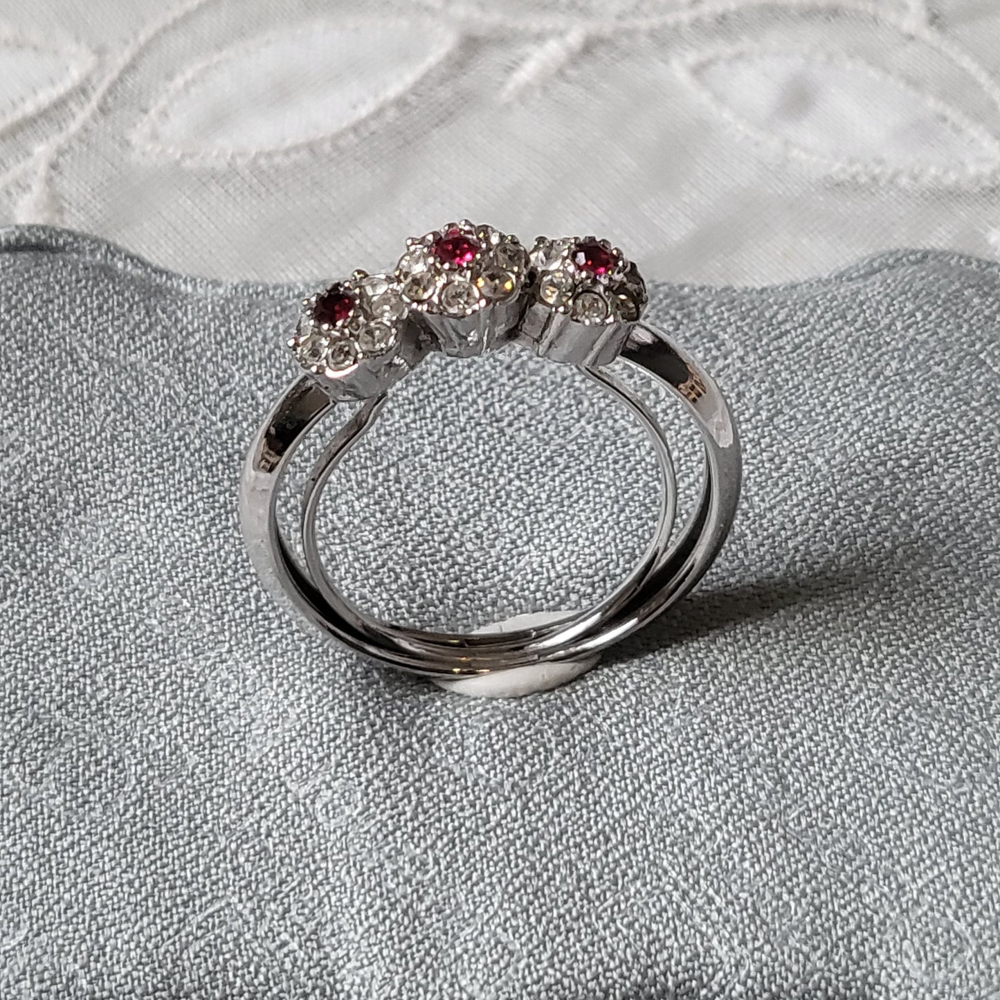 Ring - Red and Clear Crystals Flower Cluster Trilogy Ring