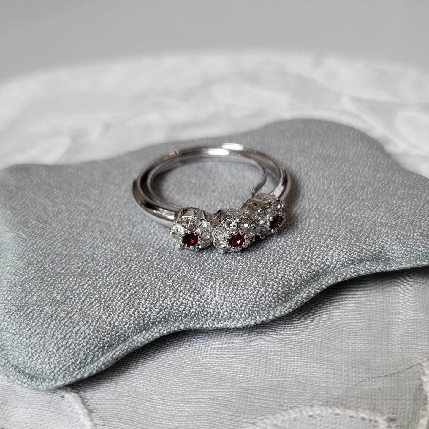 Ring - Red and Clear Crystals Flower Cluster Trilogy Ring