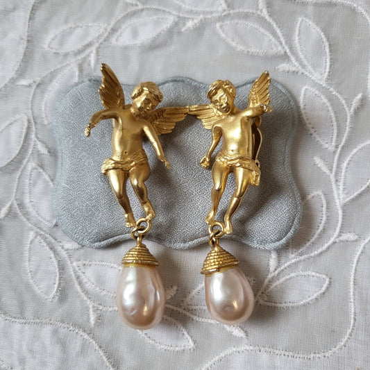 Clip on - Merola Cherub with Pearl Drops Statement Clip on Earrings