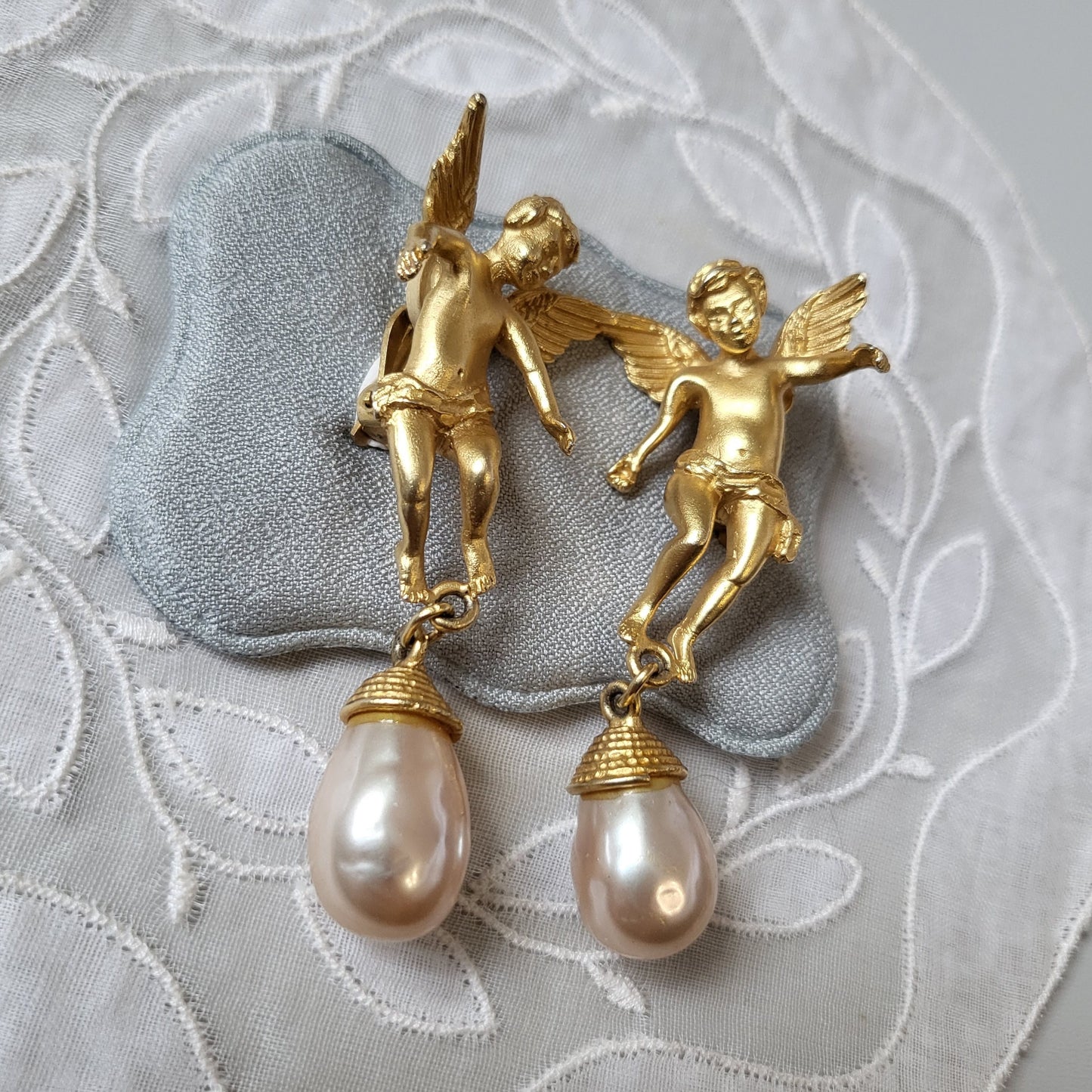 Clip on - Merola Cherub with Pearl Drops Statement Clip on Earrings