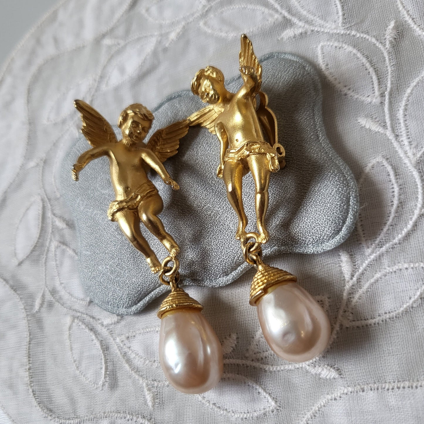 Clip on - Merola Cherub with Pearl Drops Statement Clip on Earrings