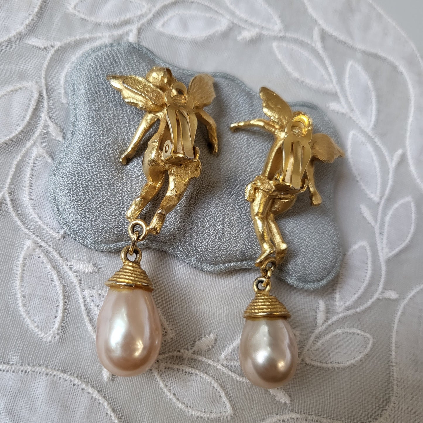 Clip on - Merola Cherub with Pearl Drops Statement Clip on Earrings
