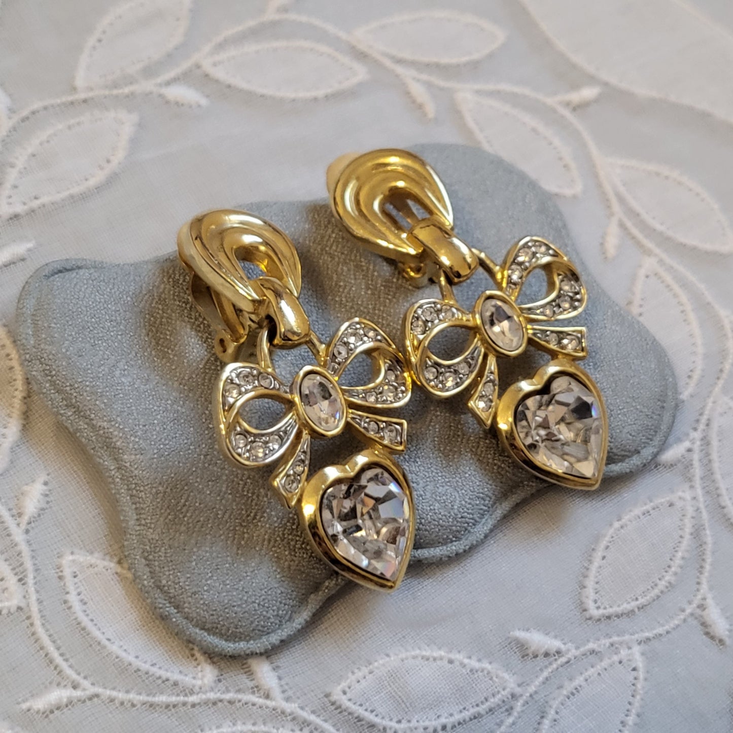 Clip on - Crystal Bow and Heart Drops Statement Clip on Earrings