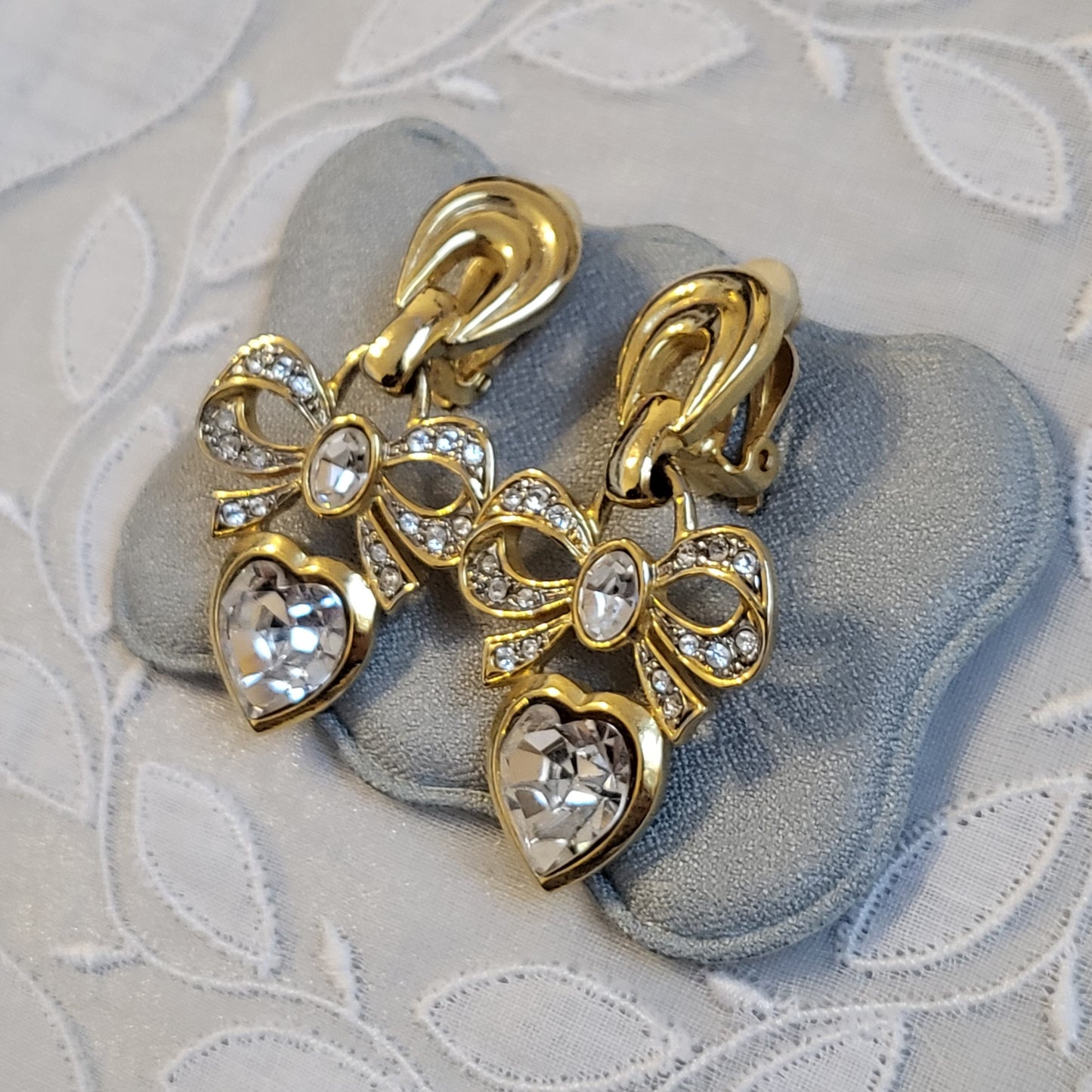 Clip on - Crystal Bow and Heart Drops Statement Clip on Earrings