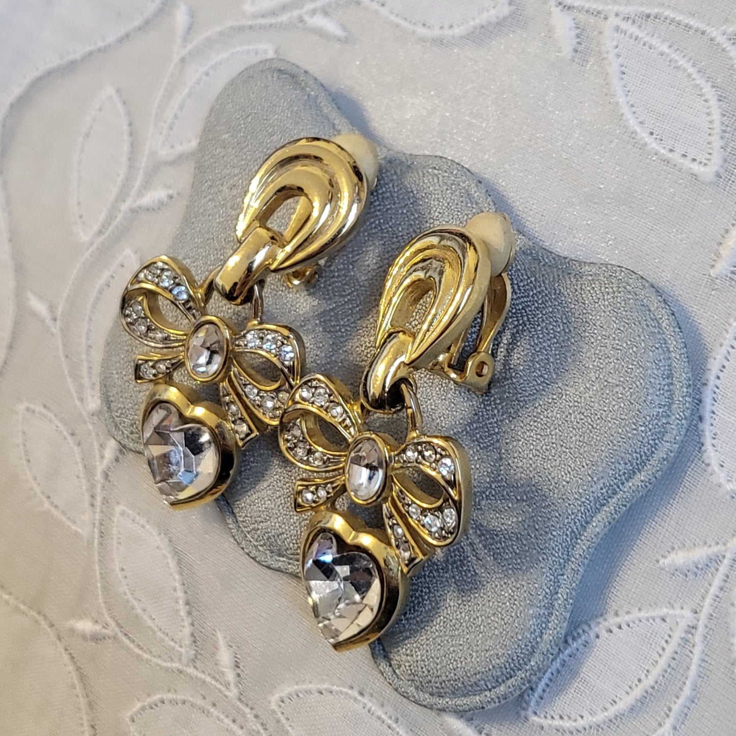 Clip on - Crystal Bow and Heart Drops Statement Clip on Earrings