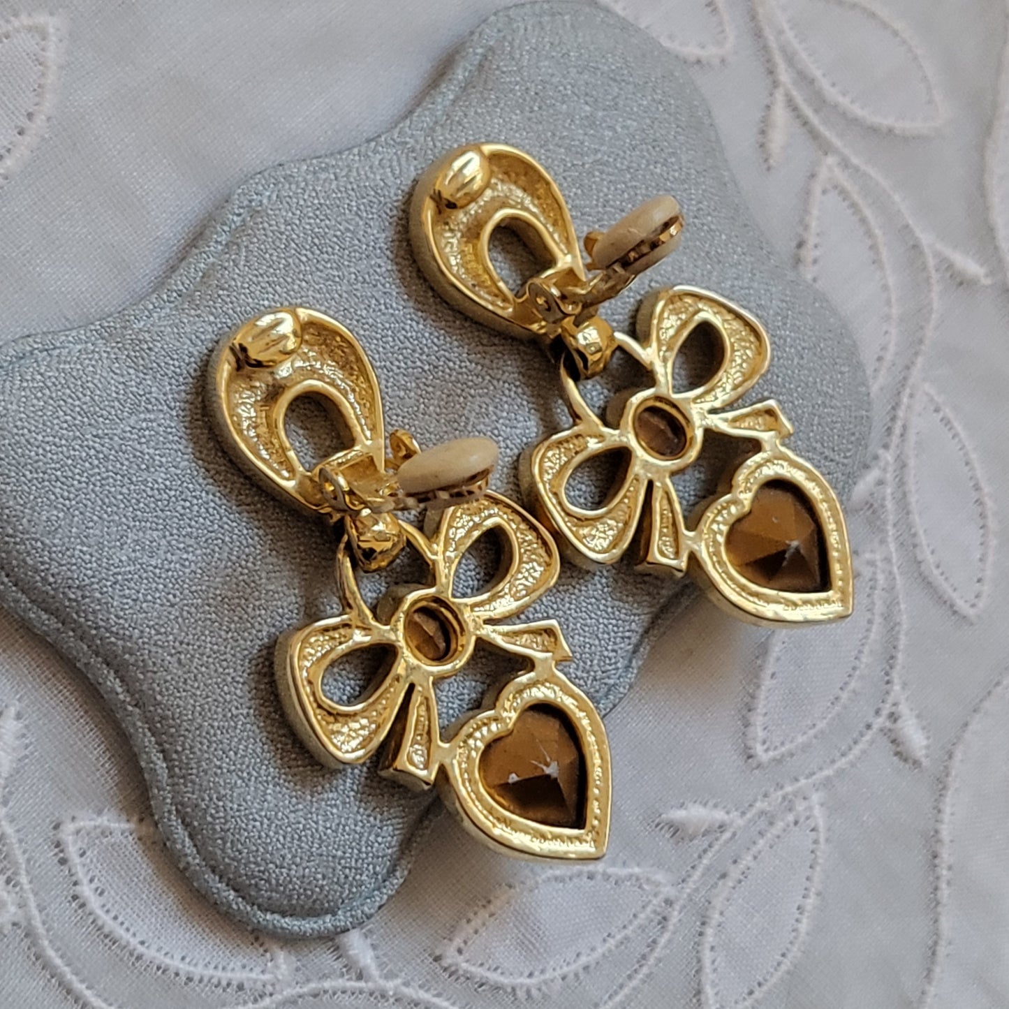 Clip on - Crystal Bow and Heart Drops Statement Clip on Earrings