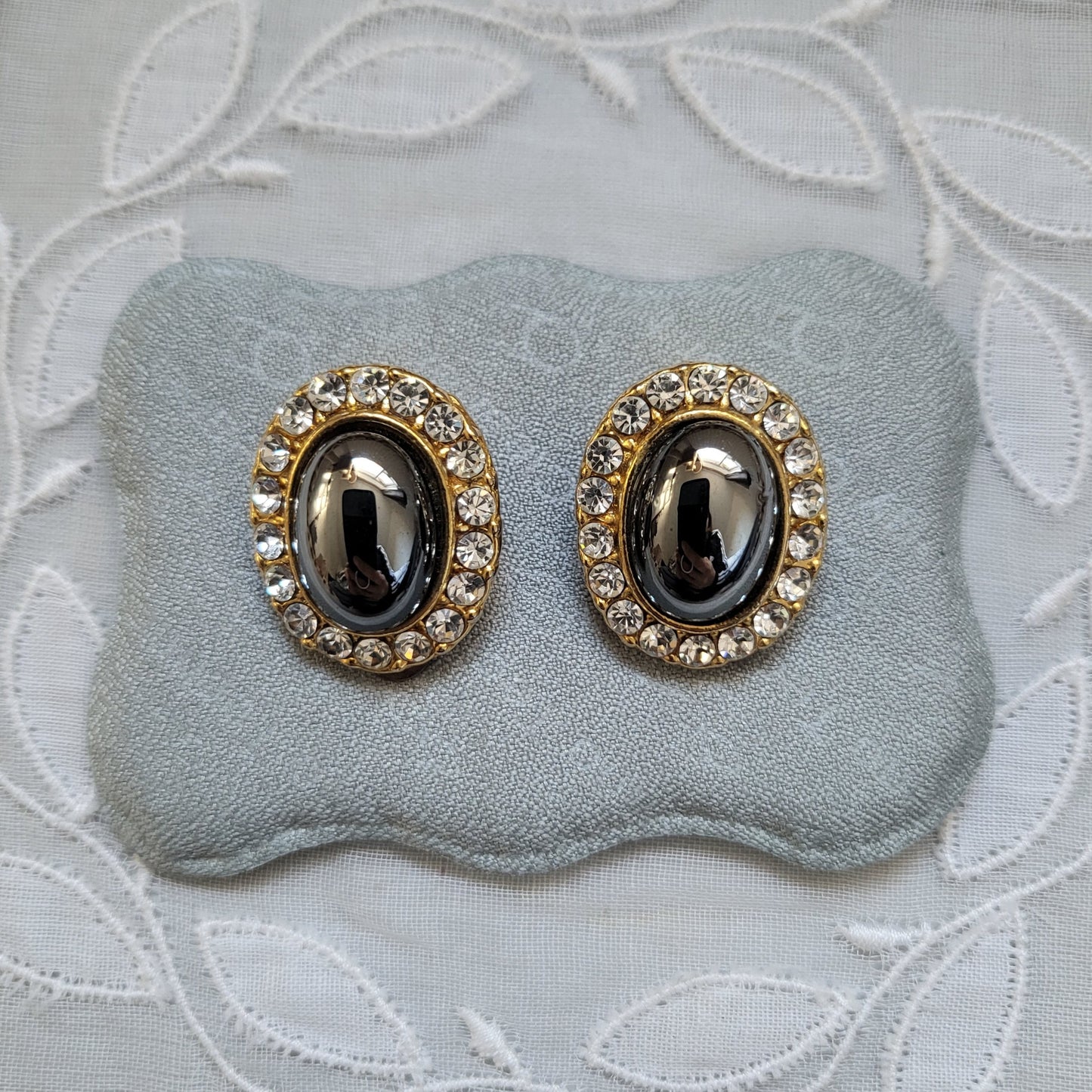 Clip on - Hematite Cabochon Crystal Clip on Earrings