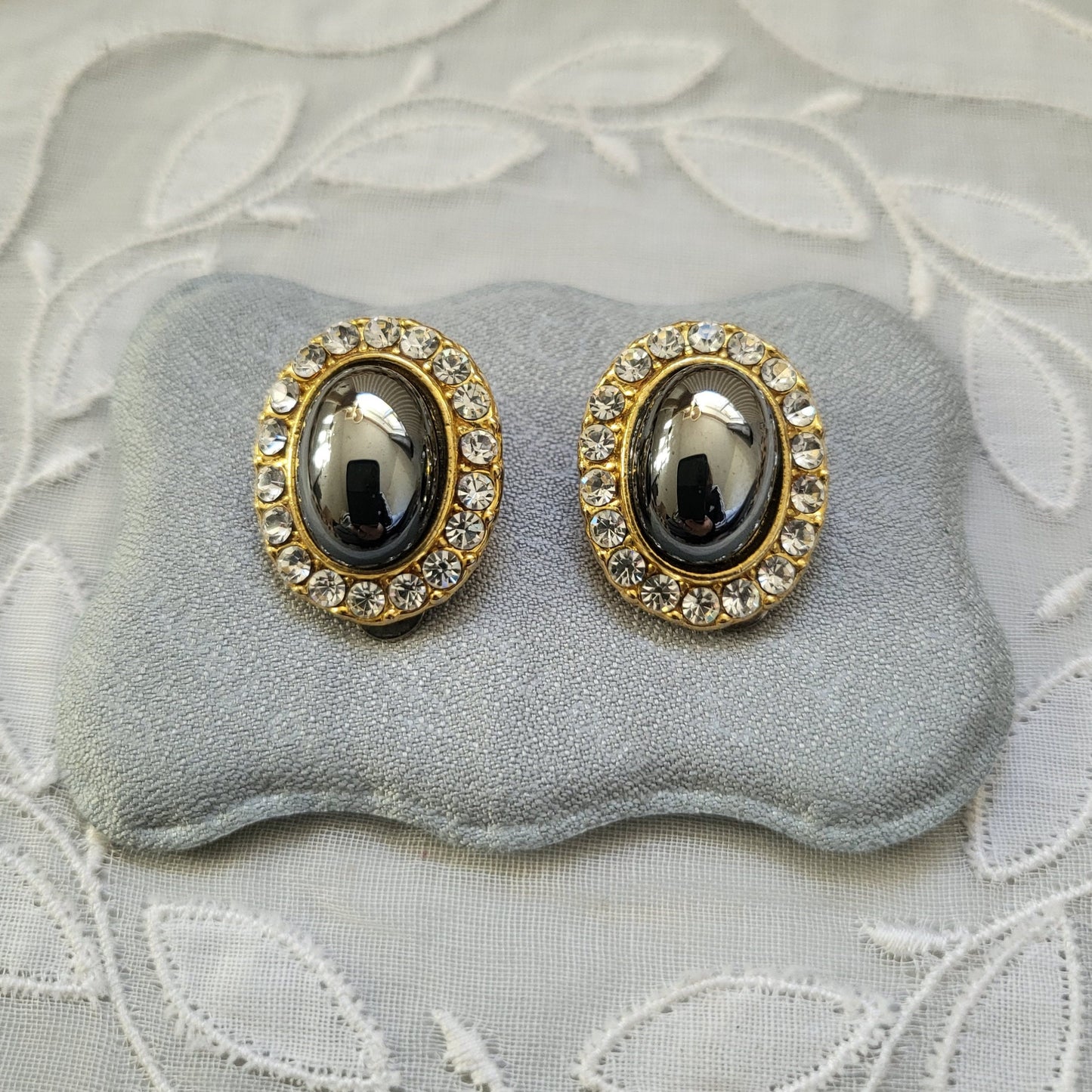 Clip on - Hematite Cabochon Crystal Clip on Earrings