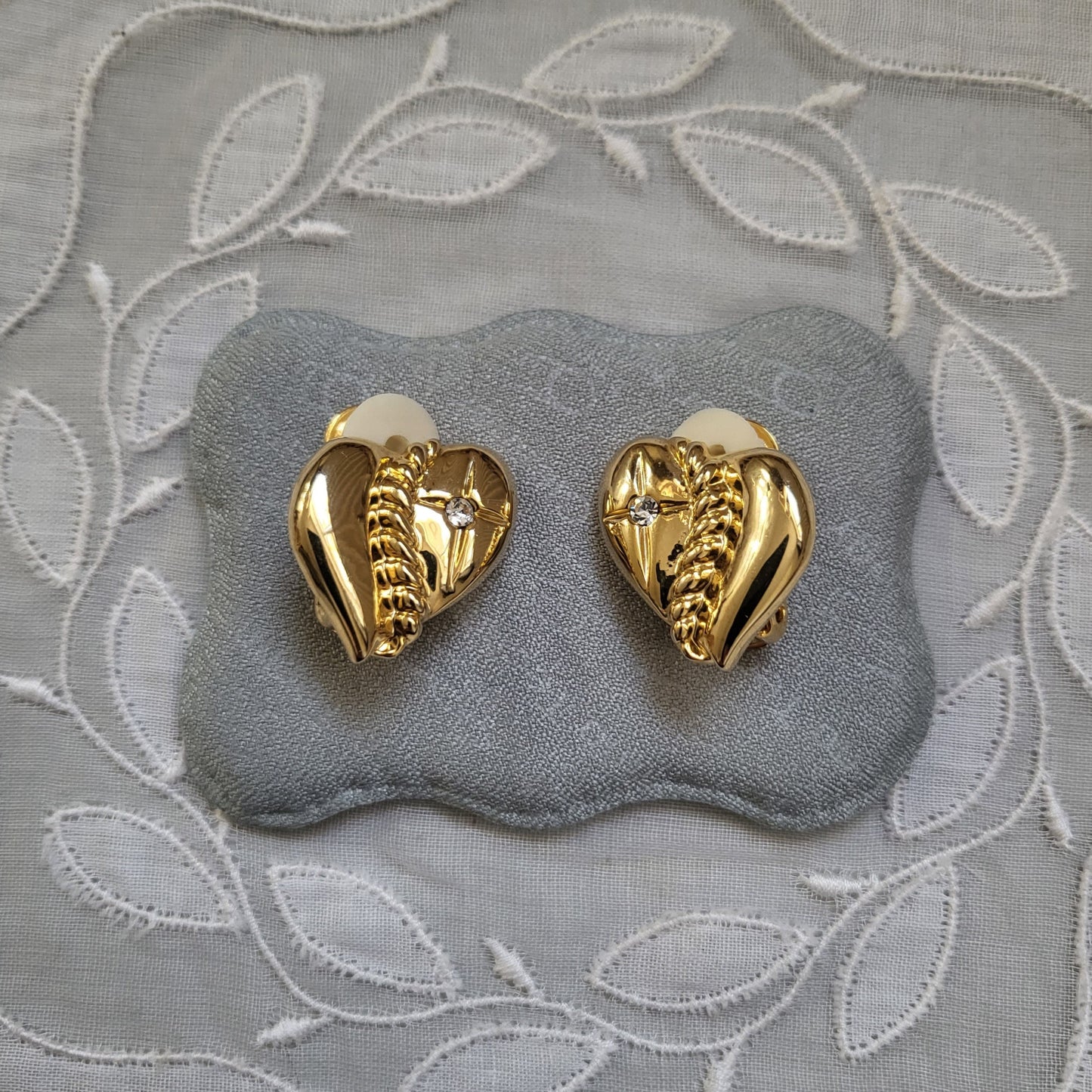 Clip on - Gold Heart and Crystal Clip on Earrings