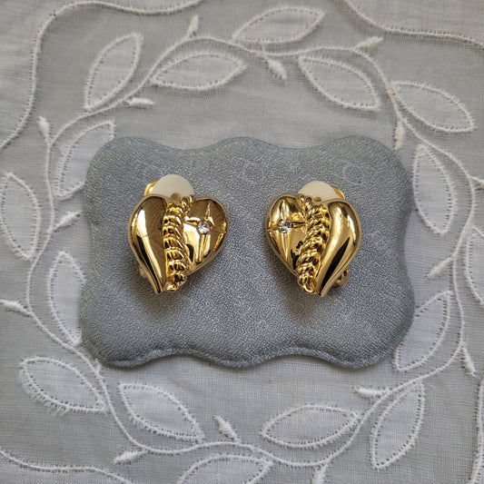 Clip on - Gold Heart and Crystal Clip on Earrings