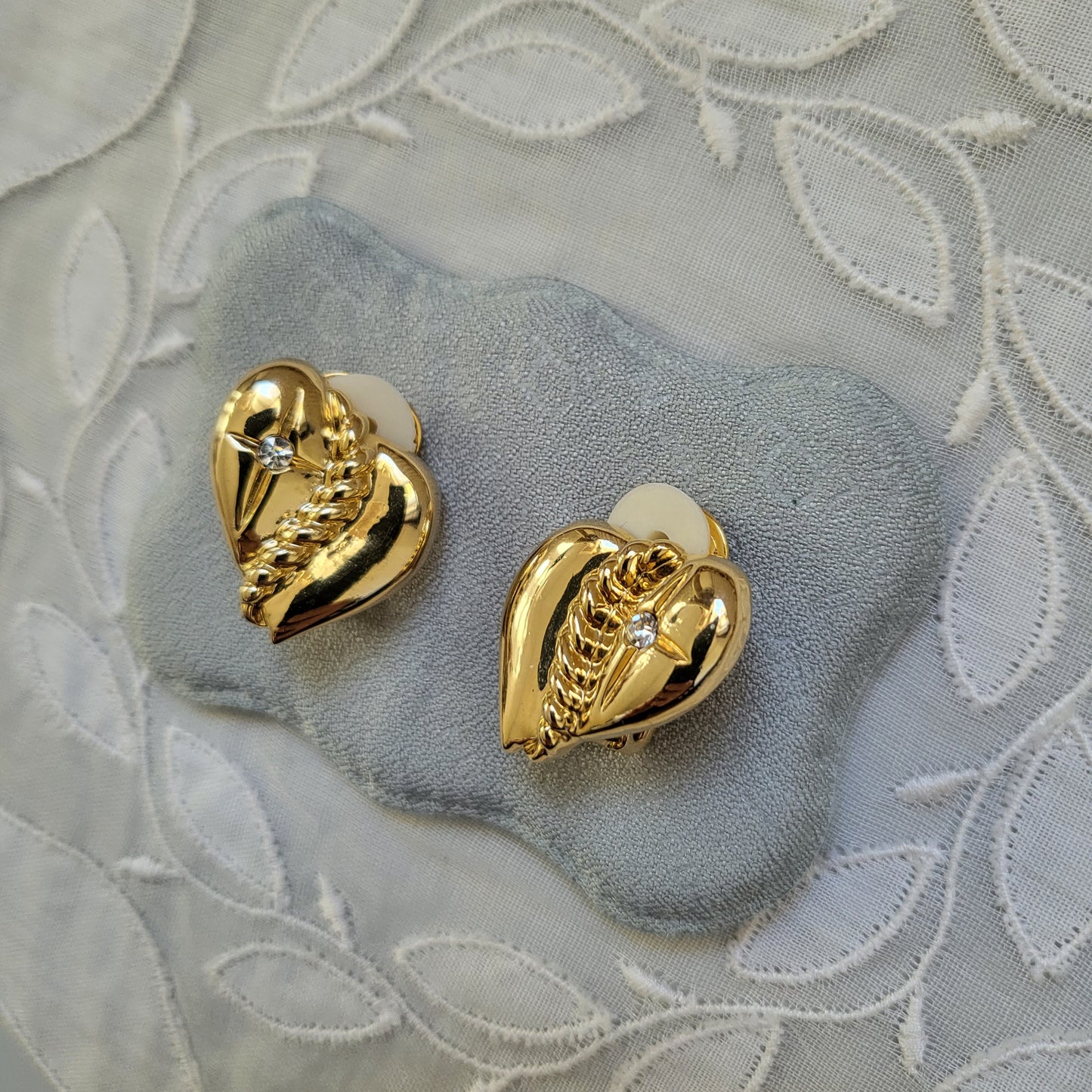 Clip on - Gold Heart and Crystal Clip on Earrings