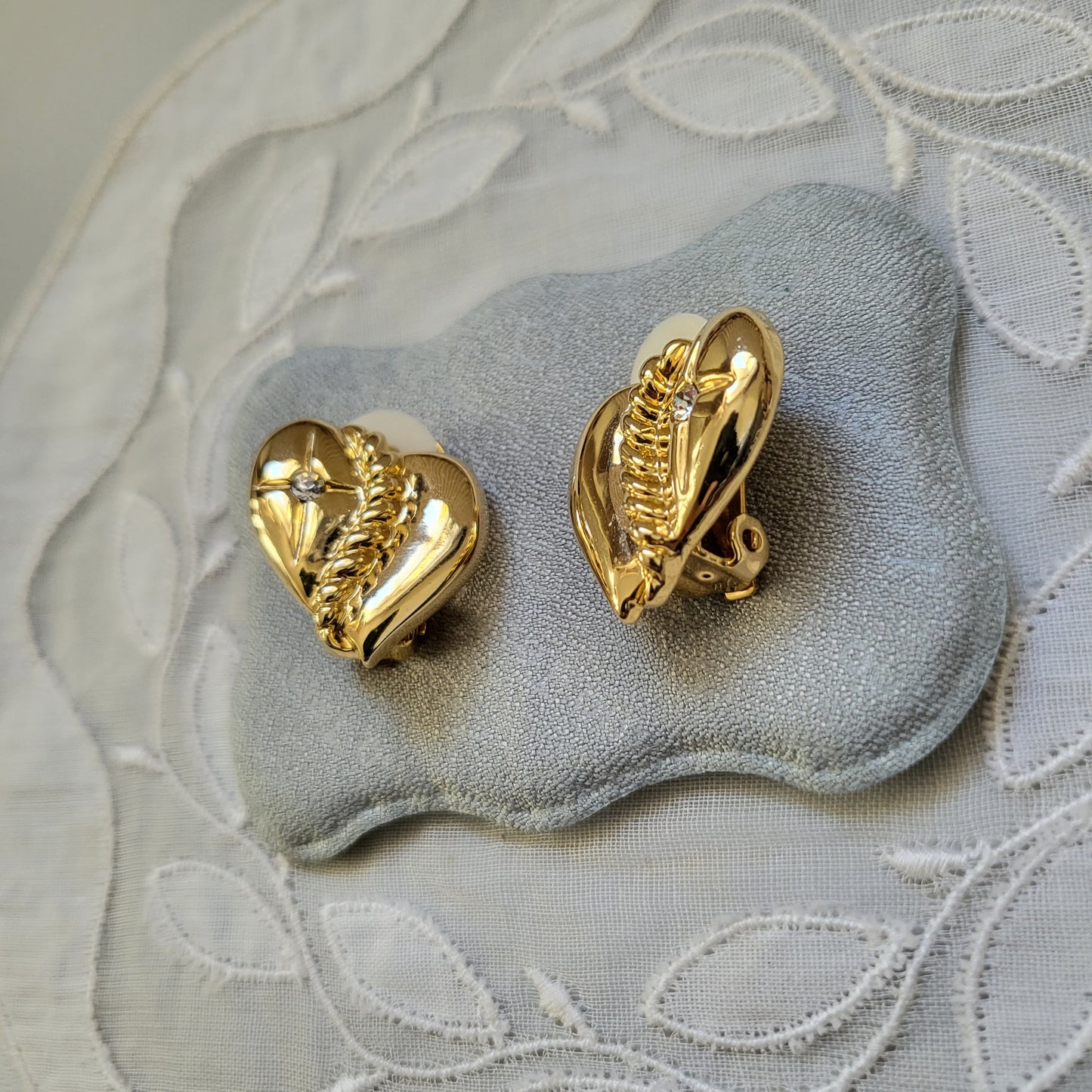 Clip on - Gold Heart and Crystal Clip on Earrings