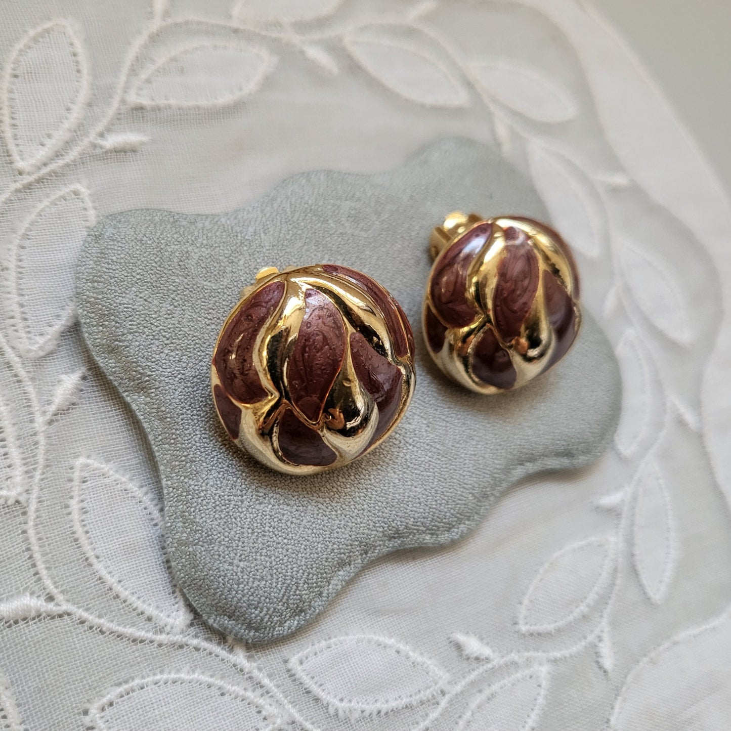 Clip on - Red Brown Enamel Round Clip On Earrings