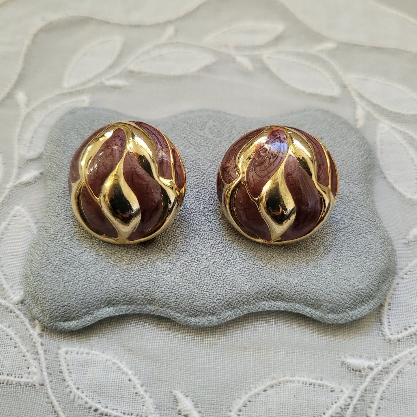 Clip on - Red Brown Enamel Round Clip On Earrings
