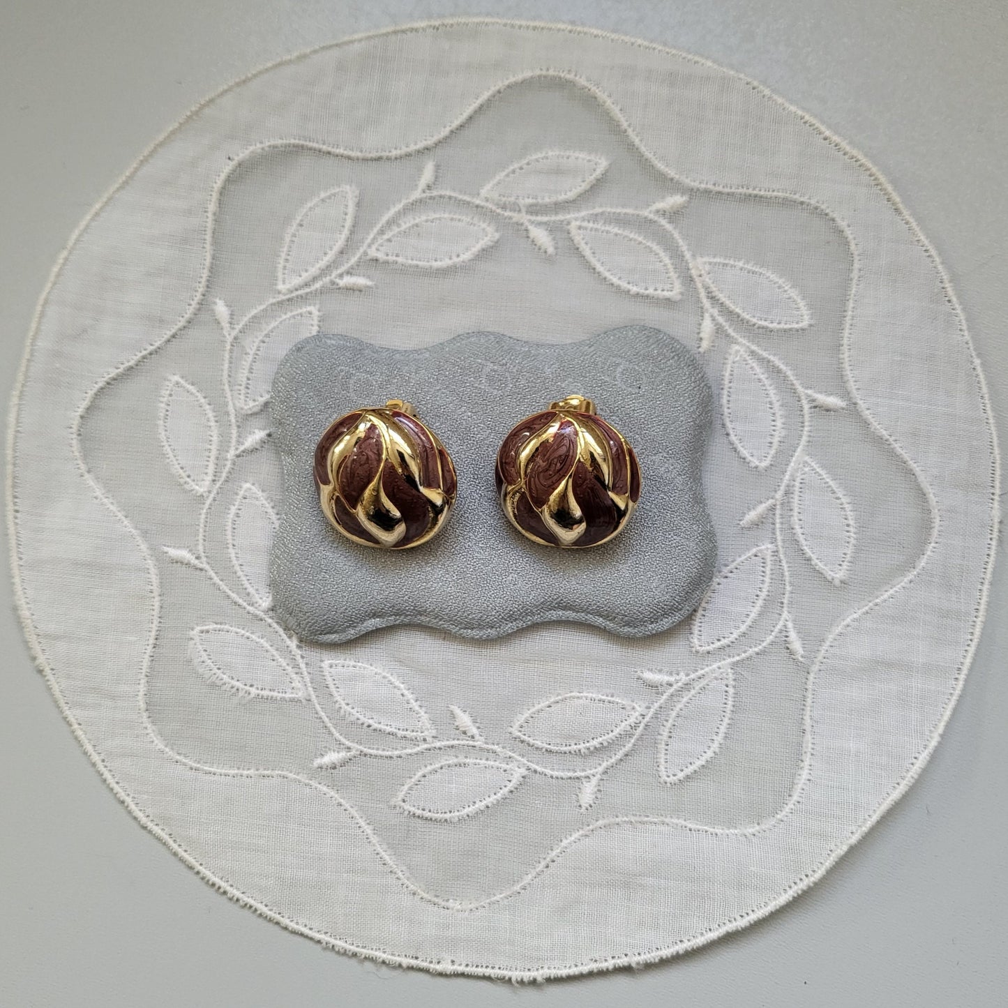 Clip on - Red Brown Enamel Round Clip On Earrings