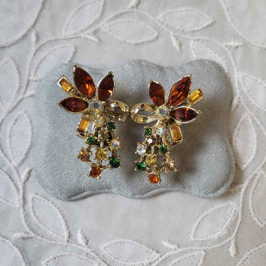 Clip on - Orange Yellow and Green Crystal Flower Clip On Earrings