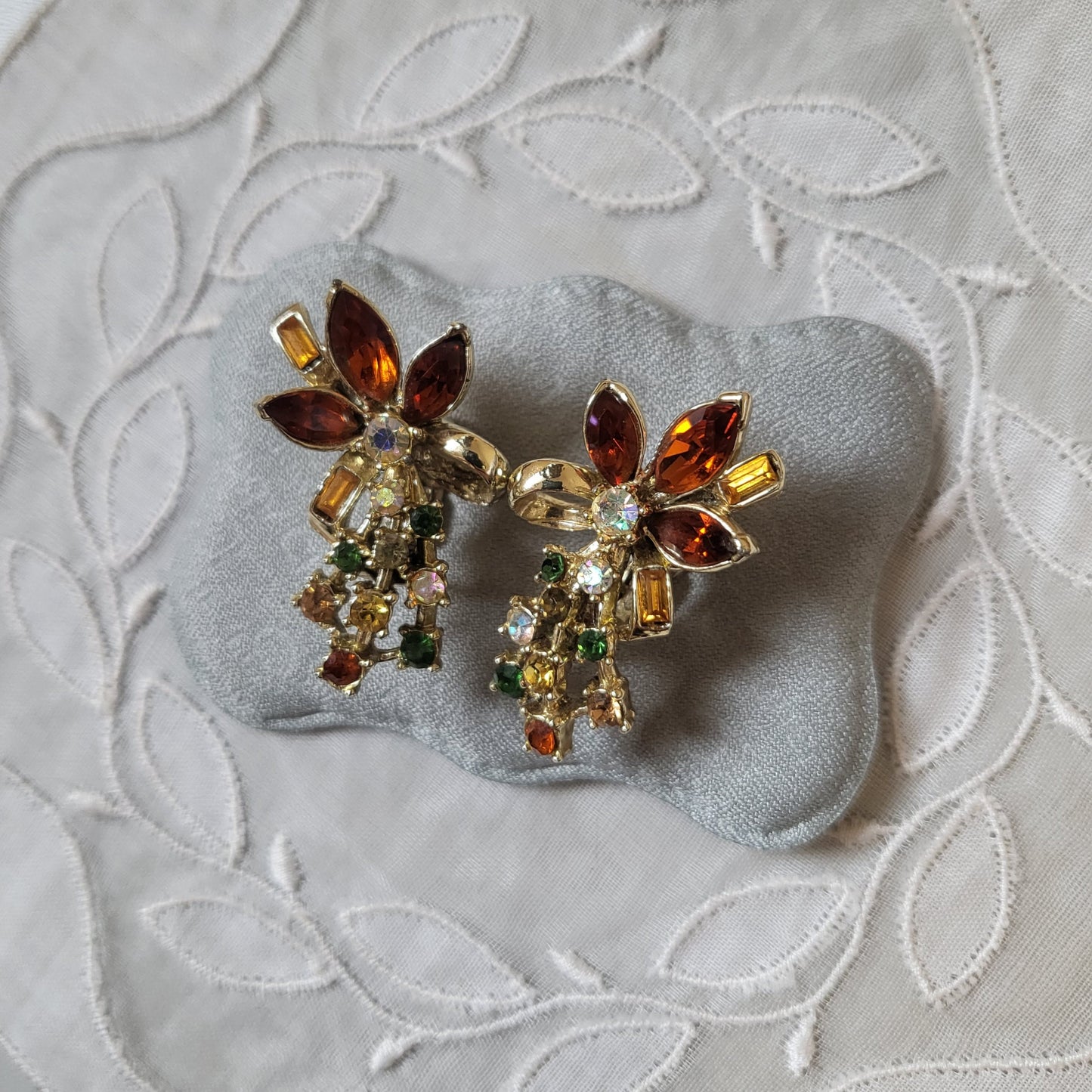 Clip on - Orange Yellow and Green Crystal Flower Clip On Earrings