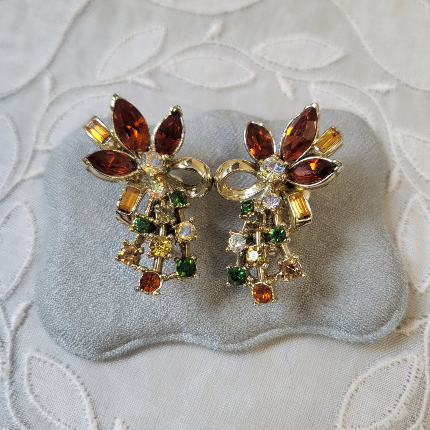 Clip on - Orange Yellow and Green Crystal Flower Clip On Earrings