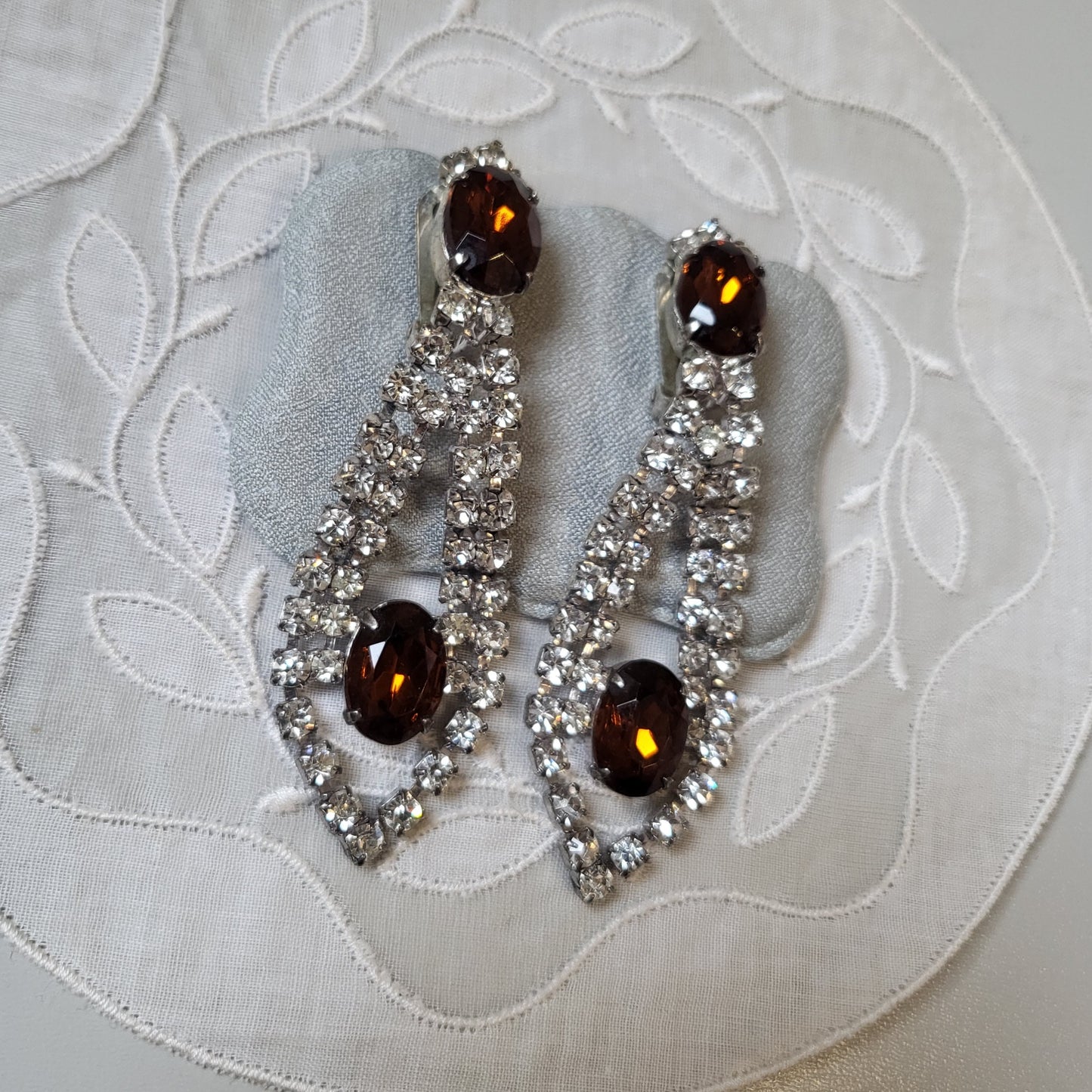 Clip on - Brown Orange and Clear Crystal Clip on Earrings