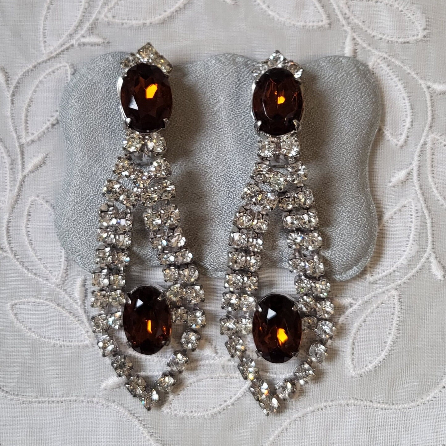 Clip on - Brown Orange and Clear Crystal Clip on Earrings