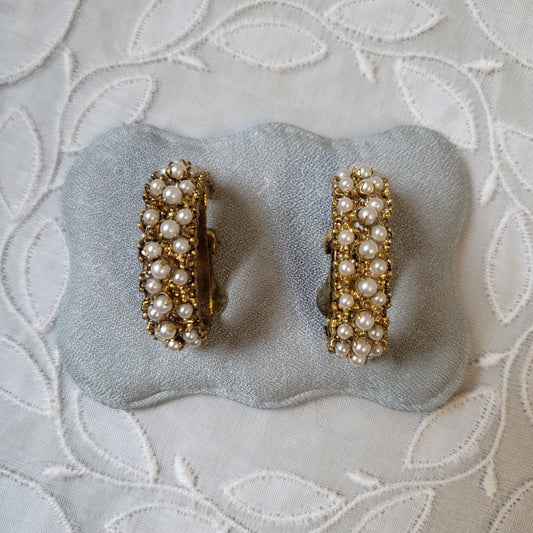Clip on - Chunky Gold Seed Pearls Half Hoop Clip on Earrings
