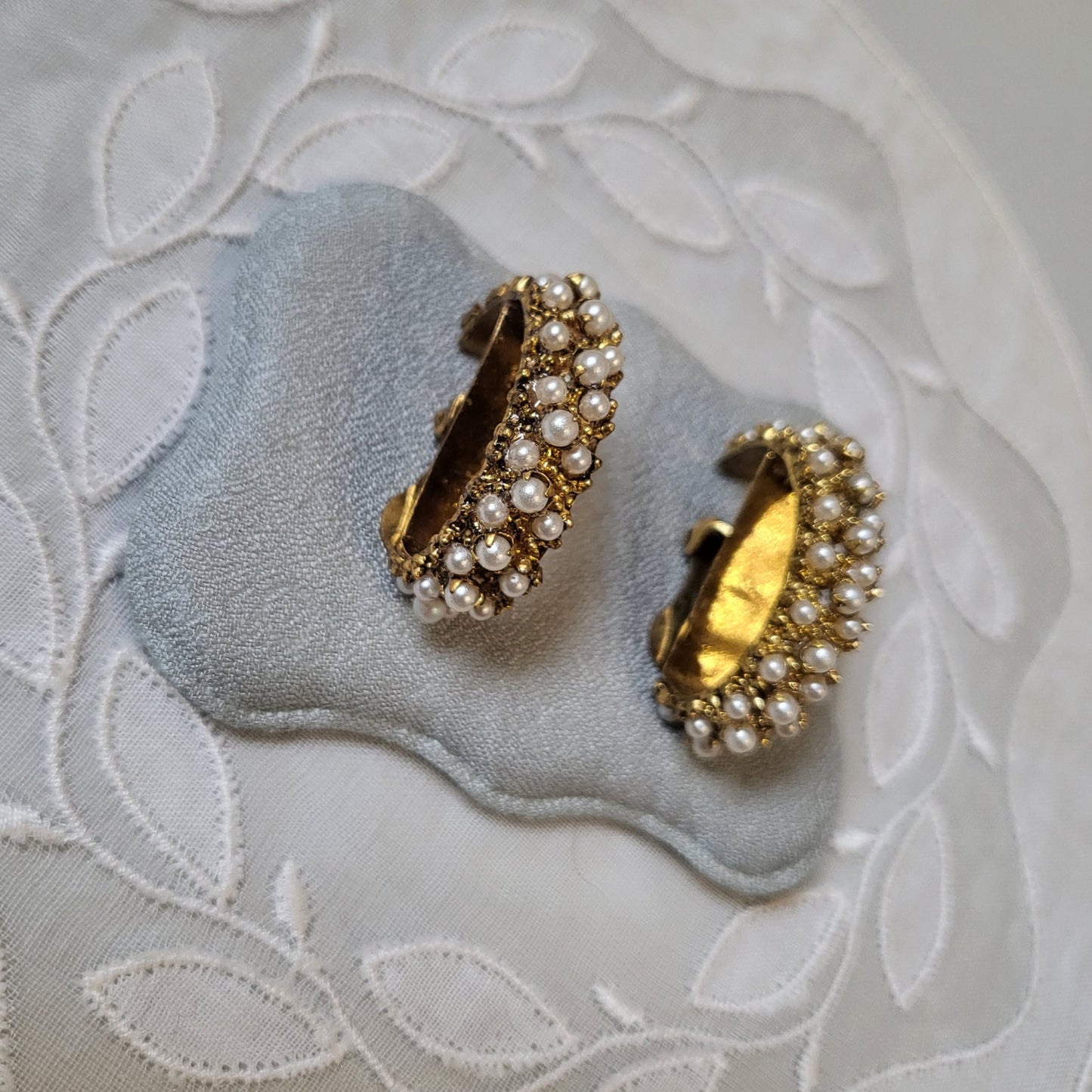 Clip on - Chunky Gold Seed Pearls Half Hoop Clip on Earrings