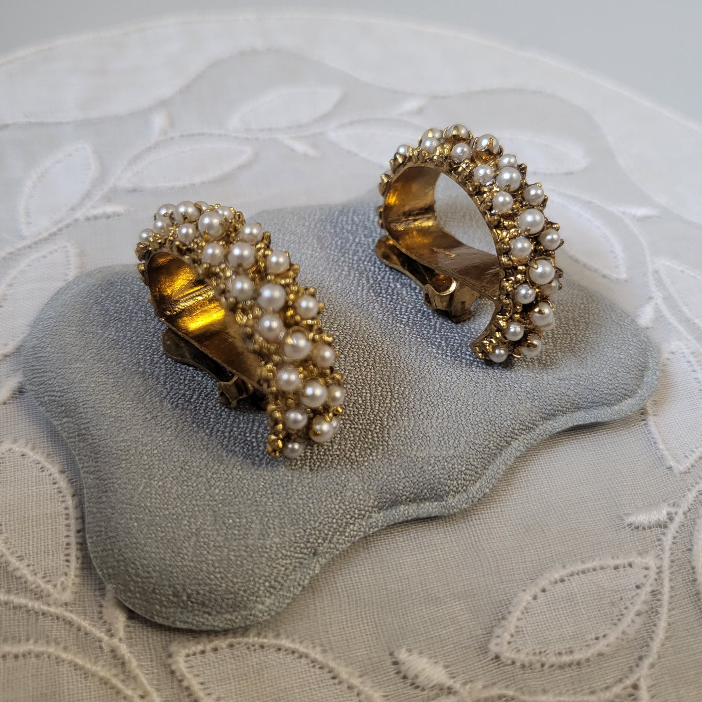 Clip on - Chunky Gold Seed Pearls Half Hoop Clip on Earrings