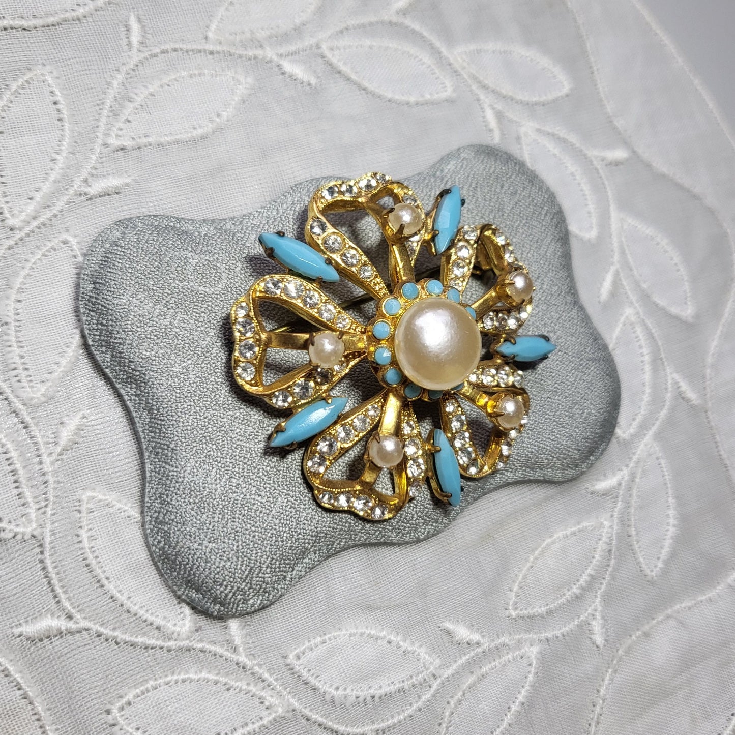 Brooch - Pearl Turquoise and Crystal Flower Brooch