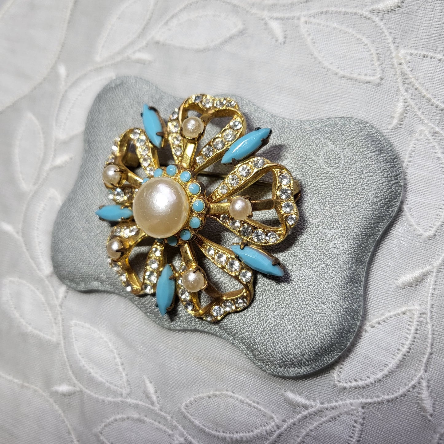Brooch - Pearl Turquoise and Crystal Flower Brooch