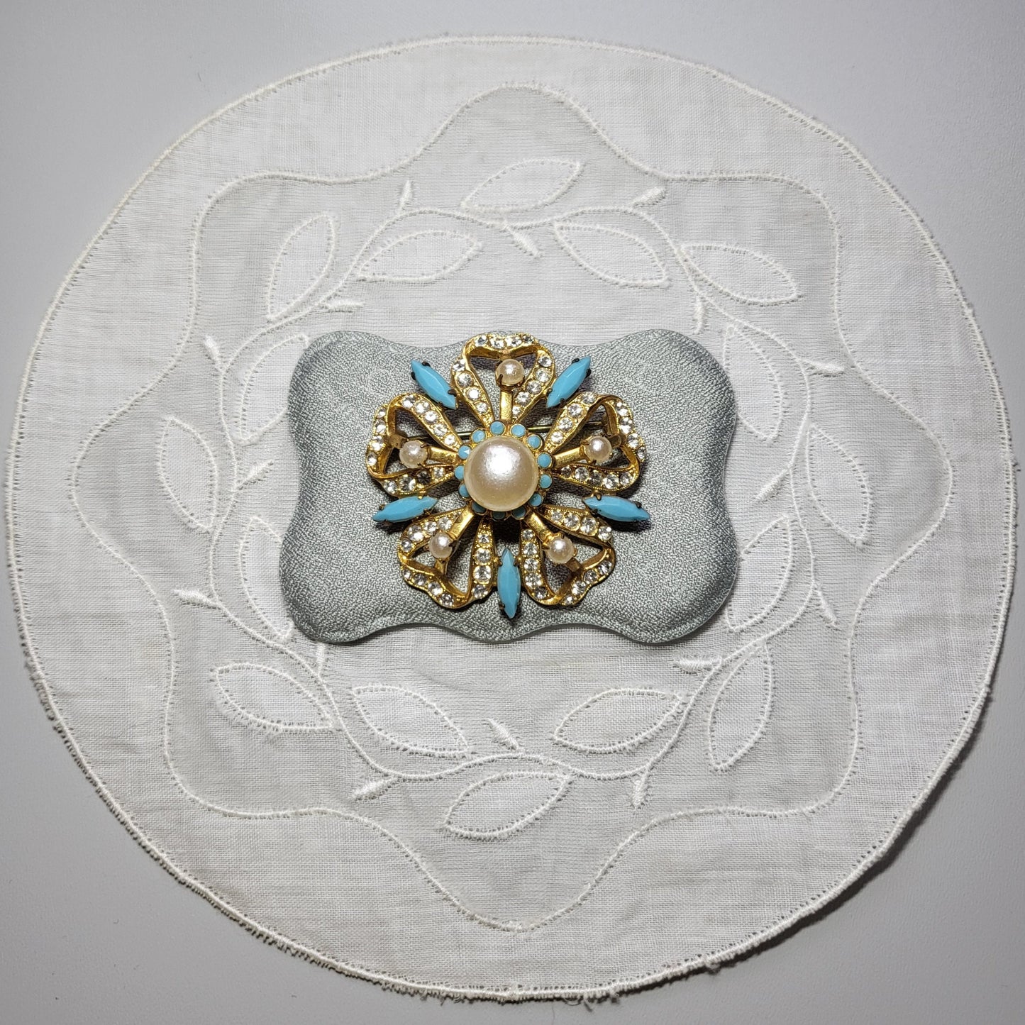 Brooch - Pearl Turquoise and Crystal Flower Brooch