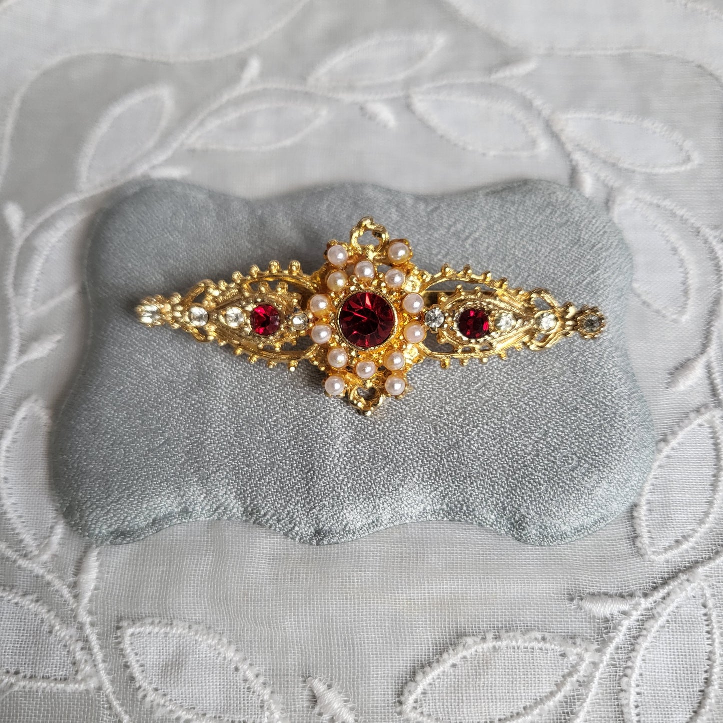 Brooch - Red Crystals and Seed Pearls Bar Brooch