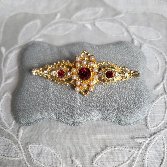 Brooch - Red Crystals and Seed Pearls Bar Brooch