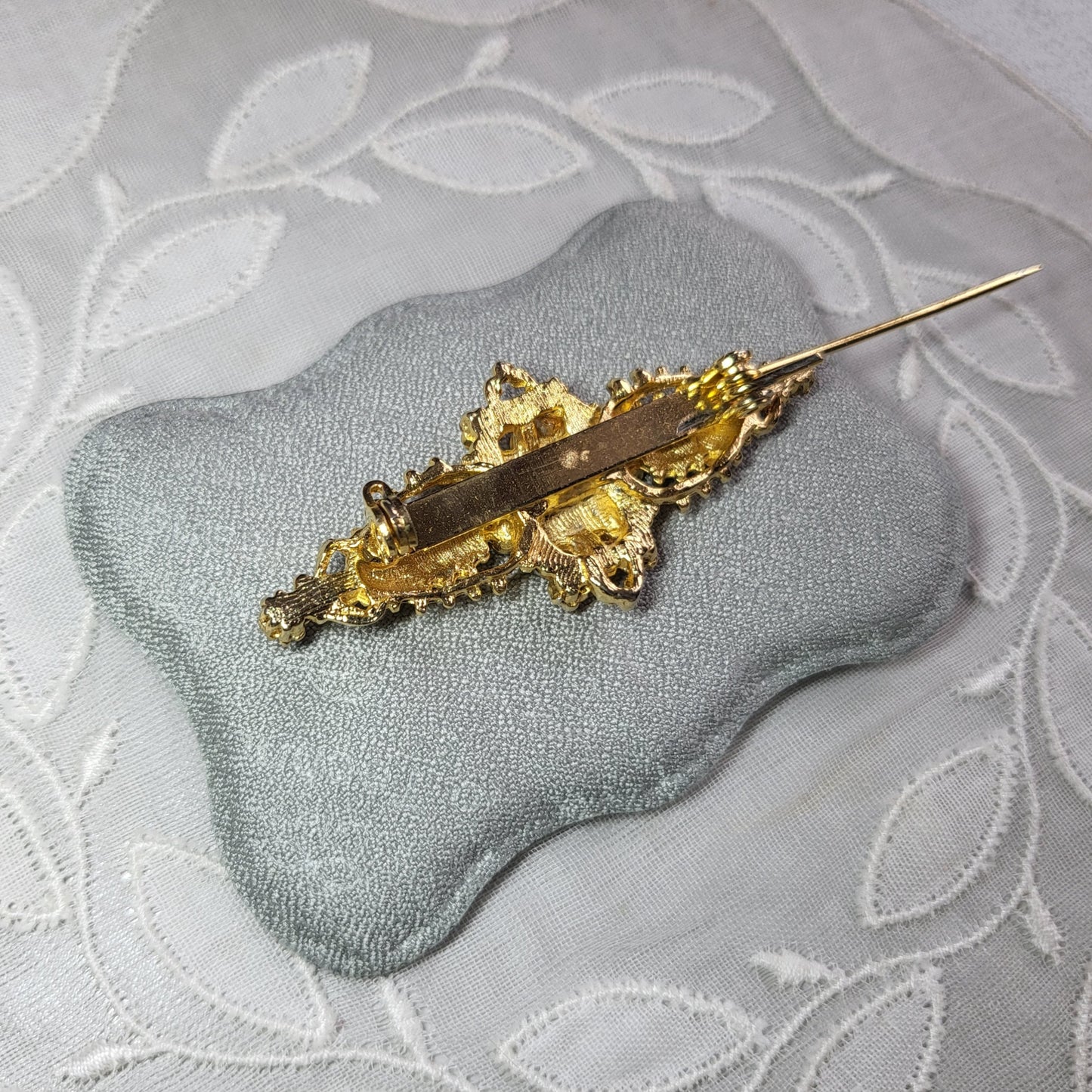 Brooch - Red Crystals and Seed Pearls Bar Brooch