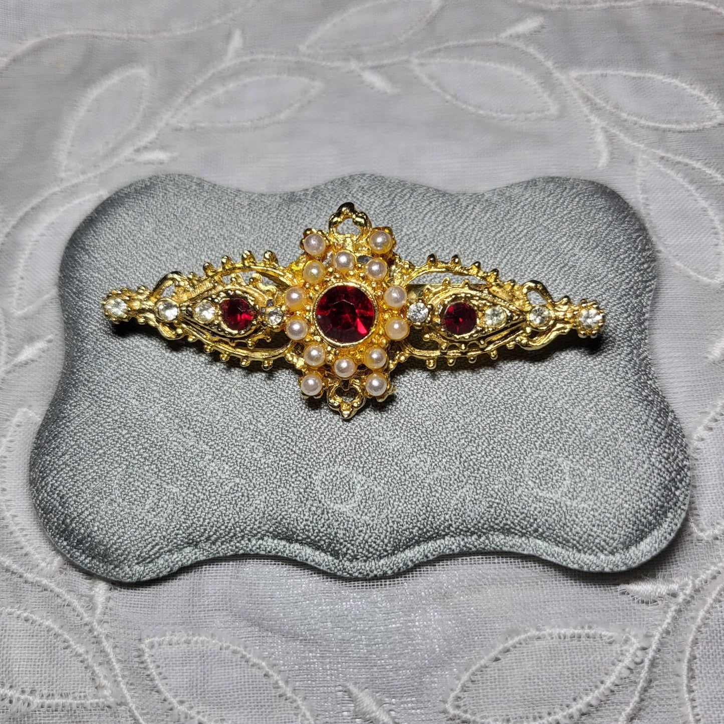 Brooch - Red Crystals and Seed Pearls Bar Brooch