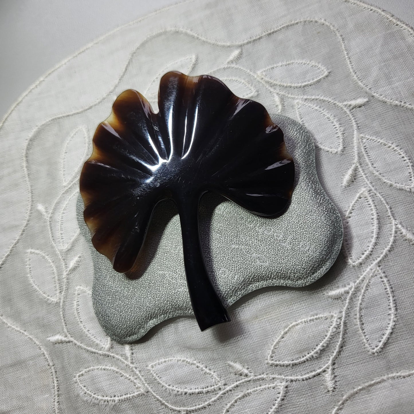 Brooch - Vintage Carved Acrylic Ginko Leaf Brooch