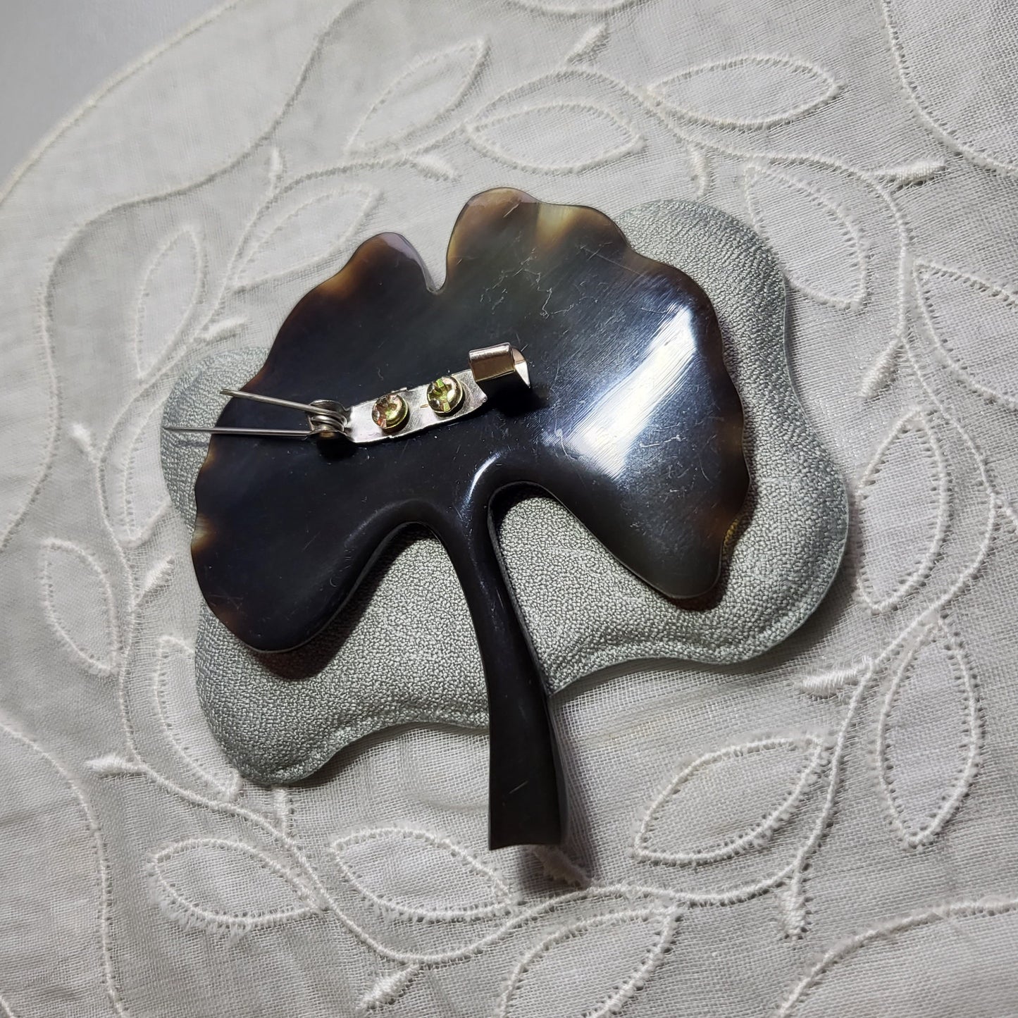 Brooch - Vintage Carved Acrylic Ginko Leaf Brooch
