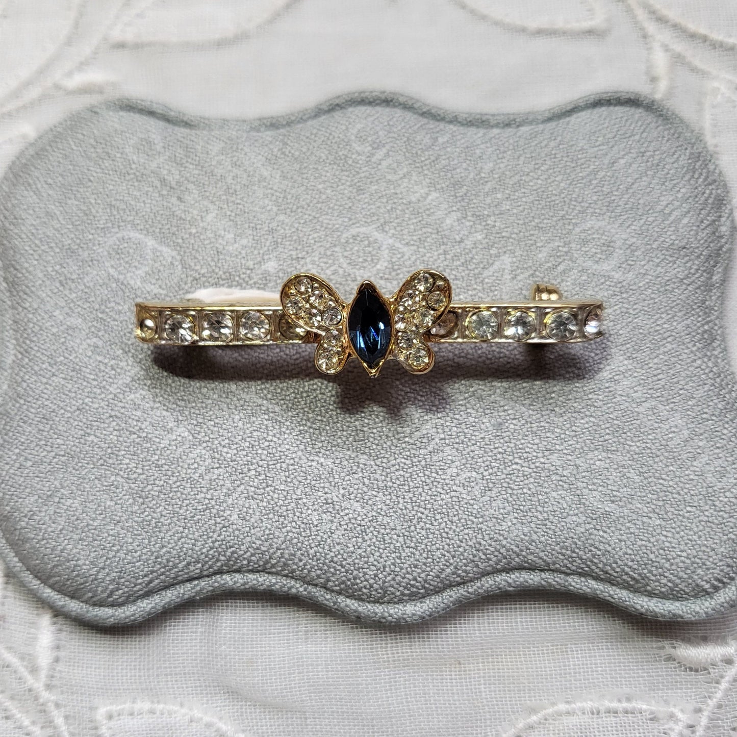 Brooch - Blue and Clear Crystals Butterfly Bar Brooch