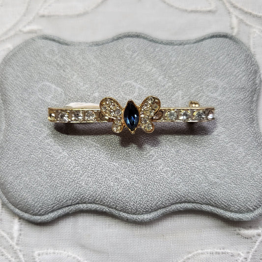 Brooch - Blue and Clear Crystals Butterfly Bar Brooch
