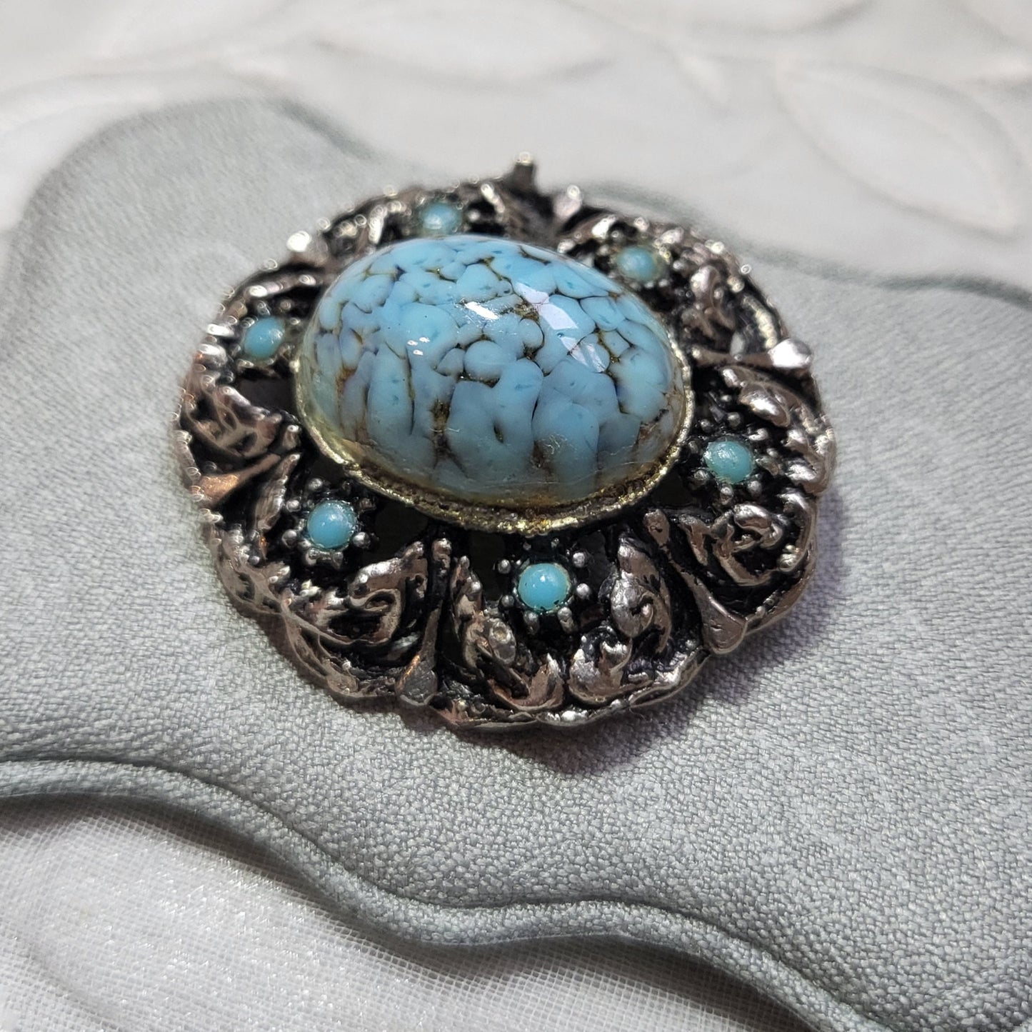 Brooch - Antiqued Silver Metal Turquoise Brooch