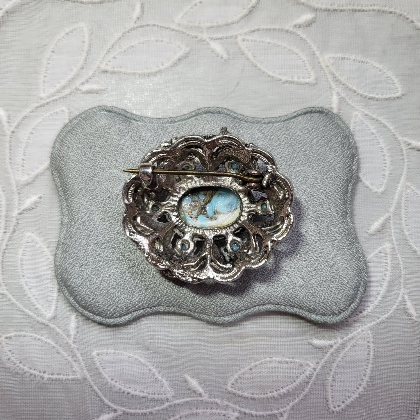 Brooch - Antiqued Silver Metal Turquoise Brooch