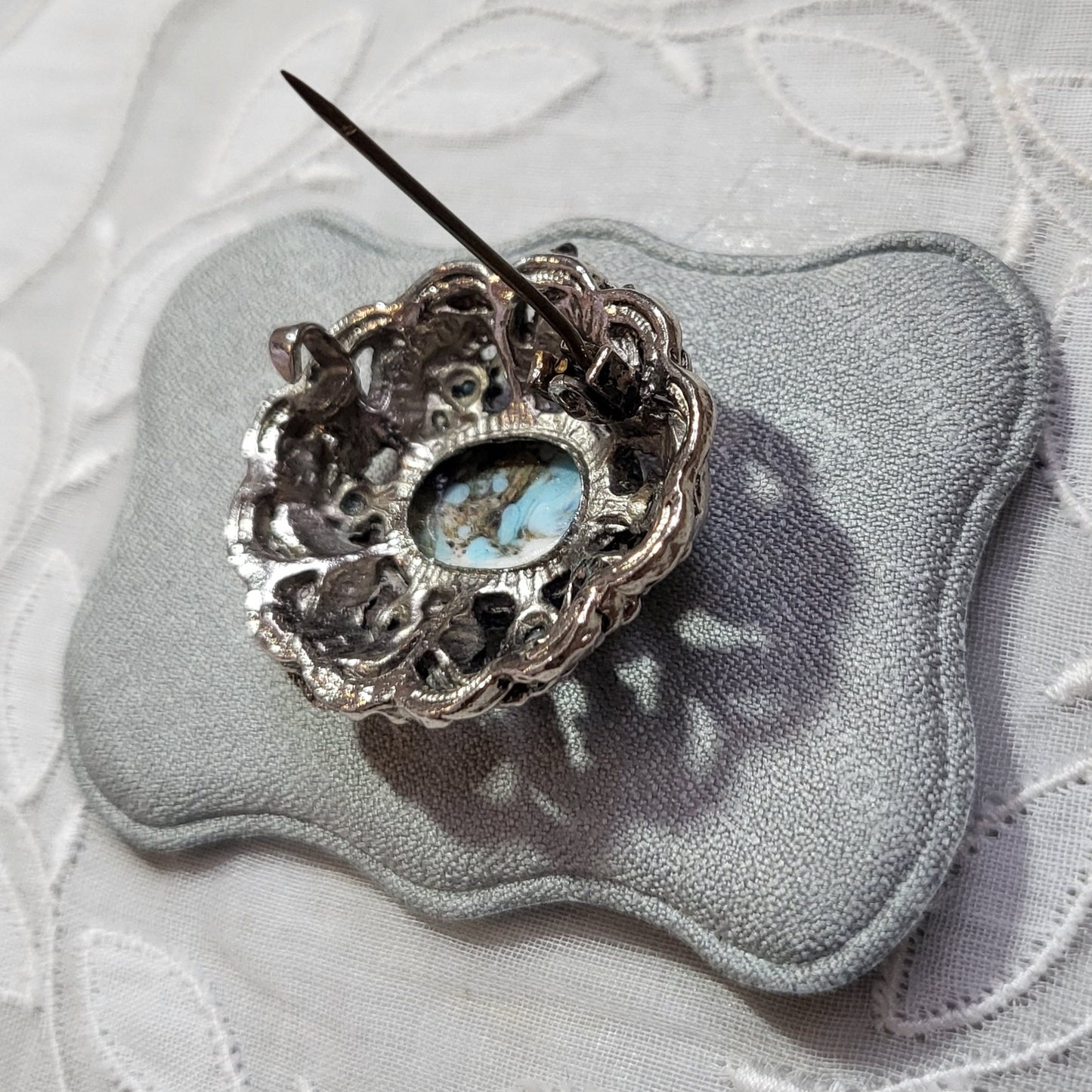 Brooch - Antiqued Silver Metal Turquoise Brooch