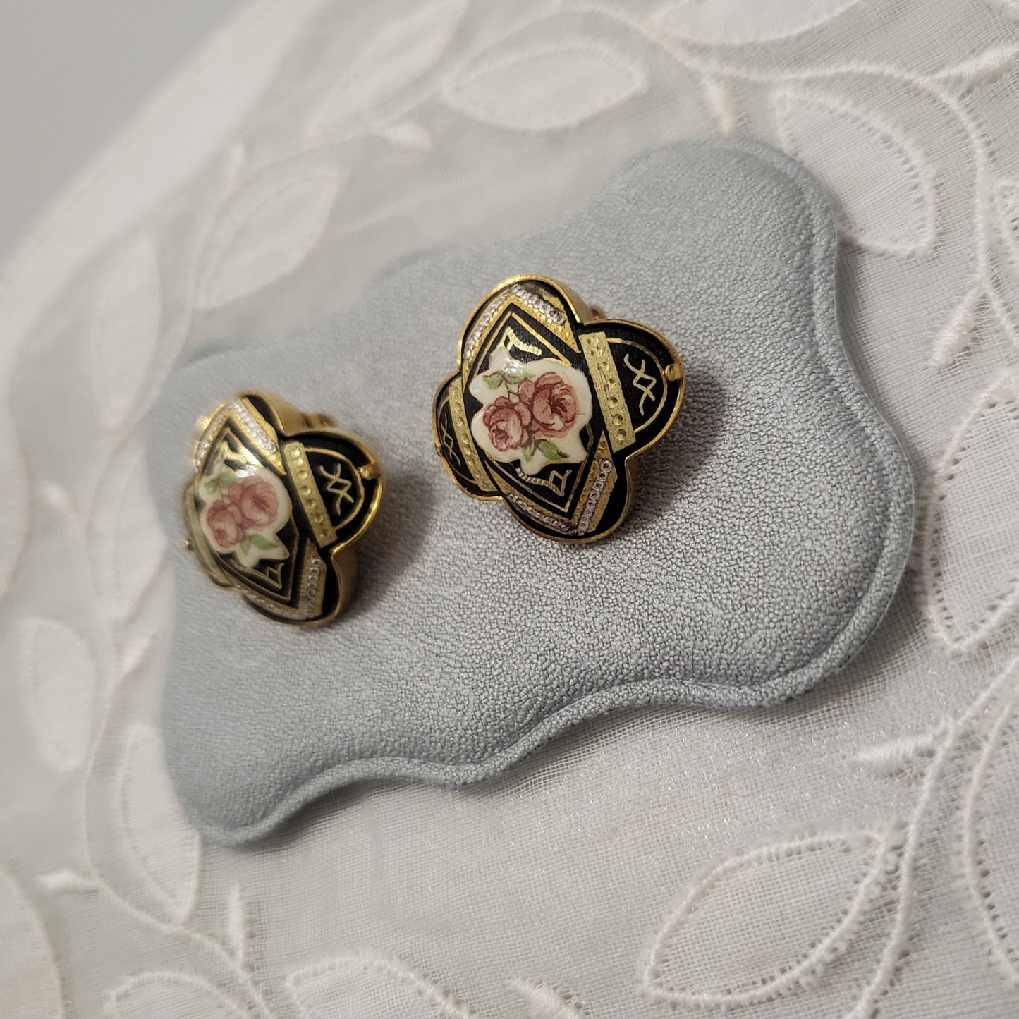 Clip on - Damascene Enamel Rose Clip On Earrings