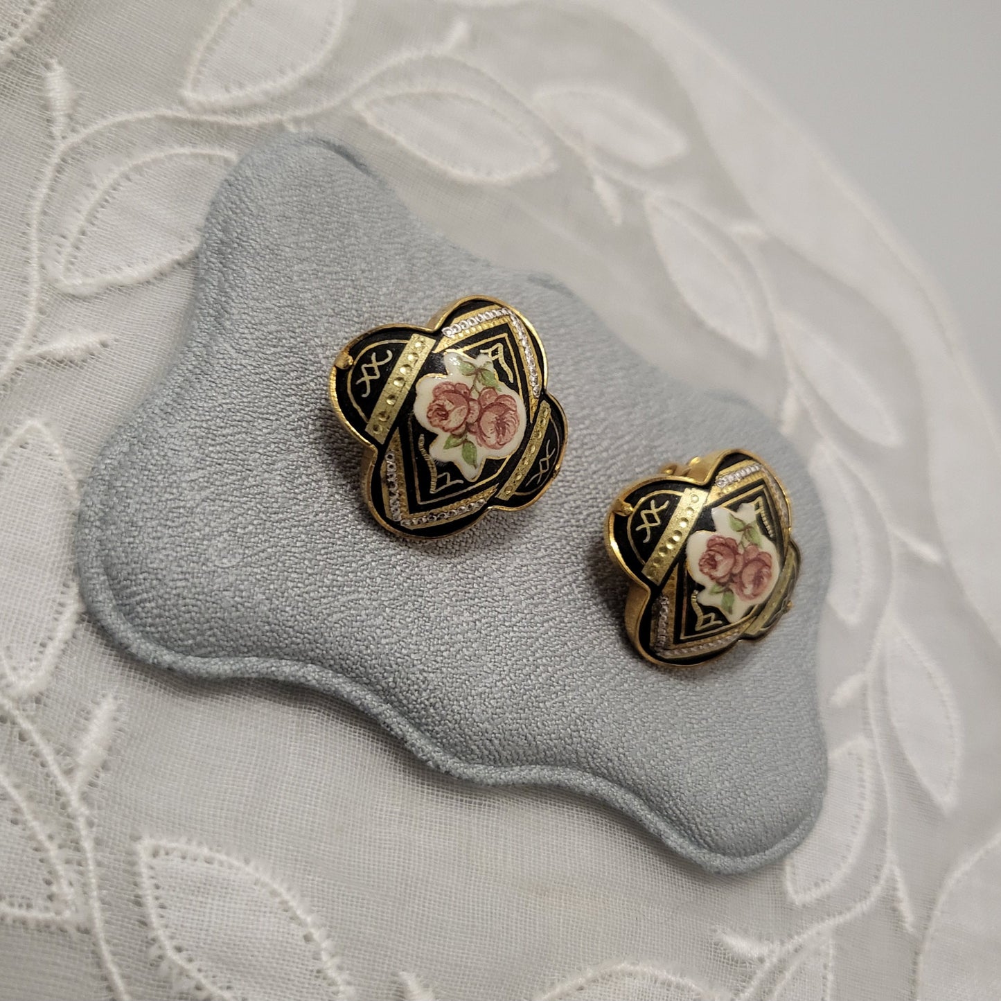 Clip on - Damascene Enamel Rose Clip On Earrings