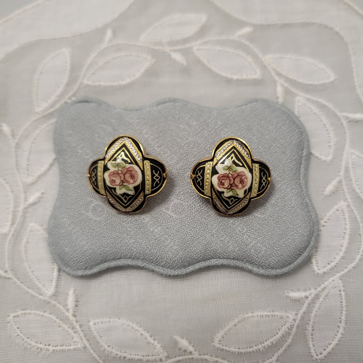 Clip on - Damascene Enamel Rose Clip On Earrings