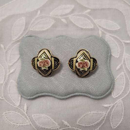 Clip on - Damascene Enamel Rose Clip On Earrings