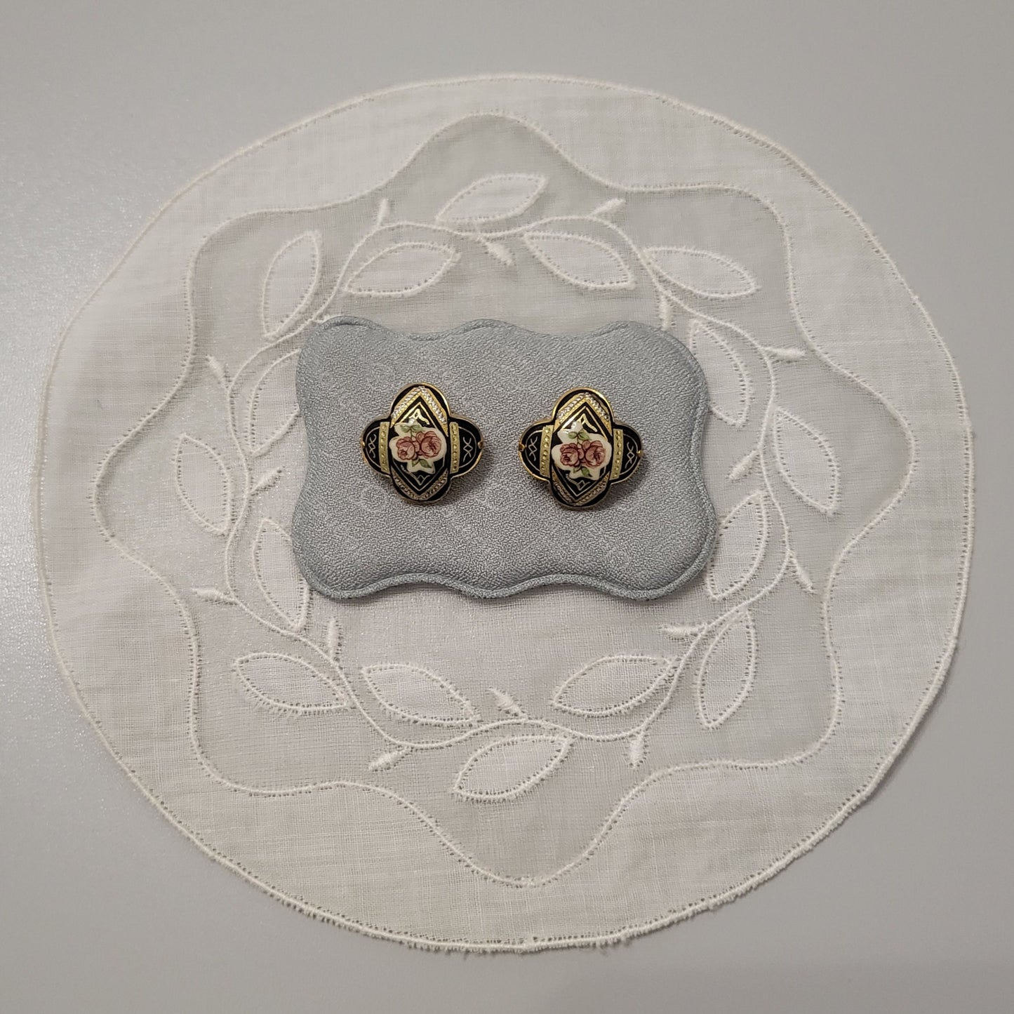 Clip on - Damascene Enamel Rose Clip On Earrings